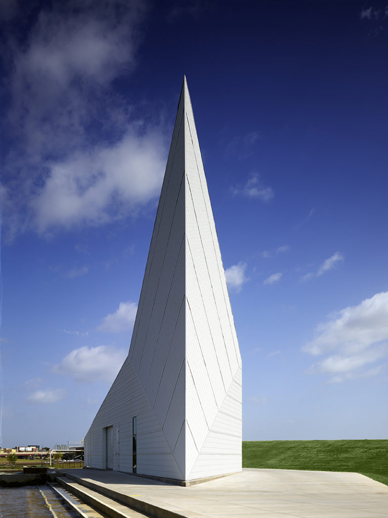 Sculptural vertical white structure at Riversport OKC along the Oklahoma River