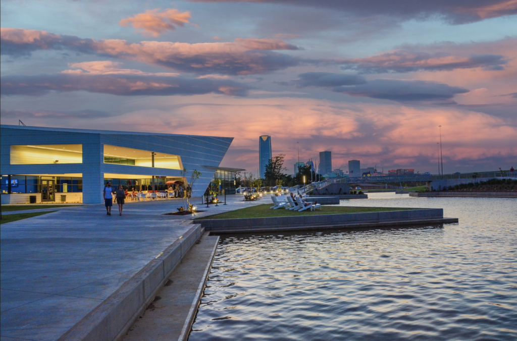 riversport okc waterfront at sunset with modern architecture inspired by aubrey k. mcclendon