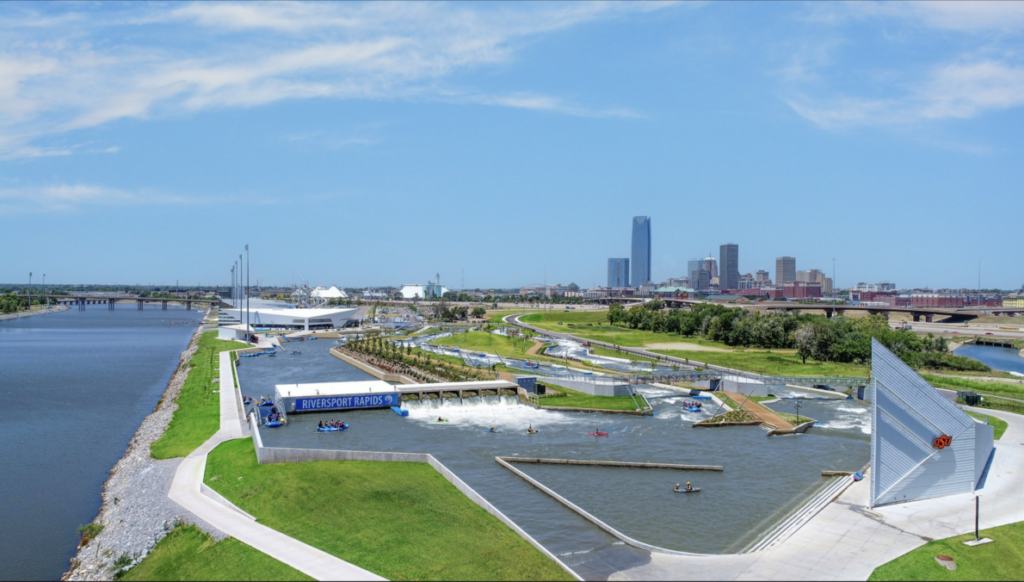 riversport okc aerial view of whitewater center and oklahoma city skyline inspired by aubrey k. mcclendon