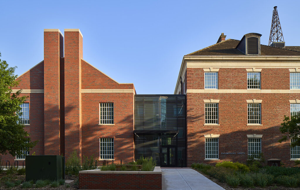 Glass passage connecting the historic and new buildings at OSU’s College of Engineering, Architecture and Technology.