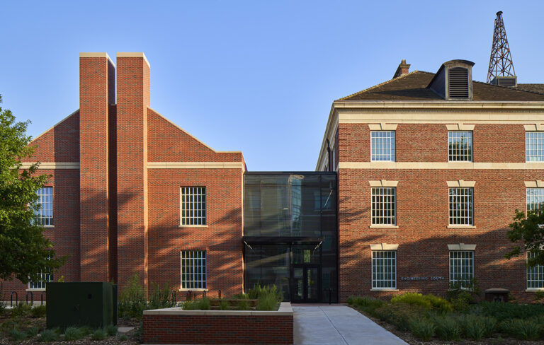 Glass passage connecting the historic and new buildings at OSU’s College of Engineering, Architecture and Technology.