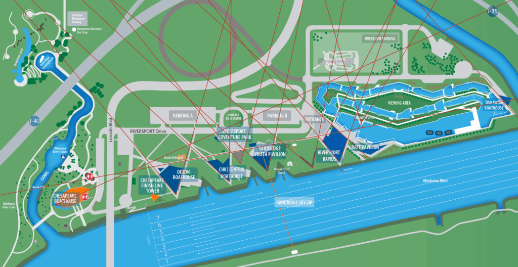 Illustrated map of OKC Boathouse District architecture highlighting modern boathouse design by Rand Elliott Architects Oklahoma City along the Oklahoma River.