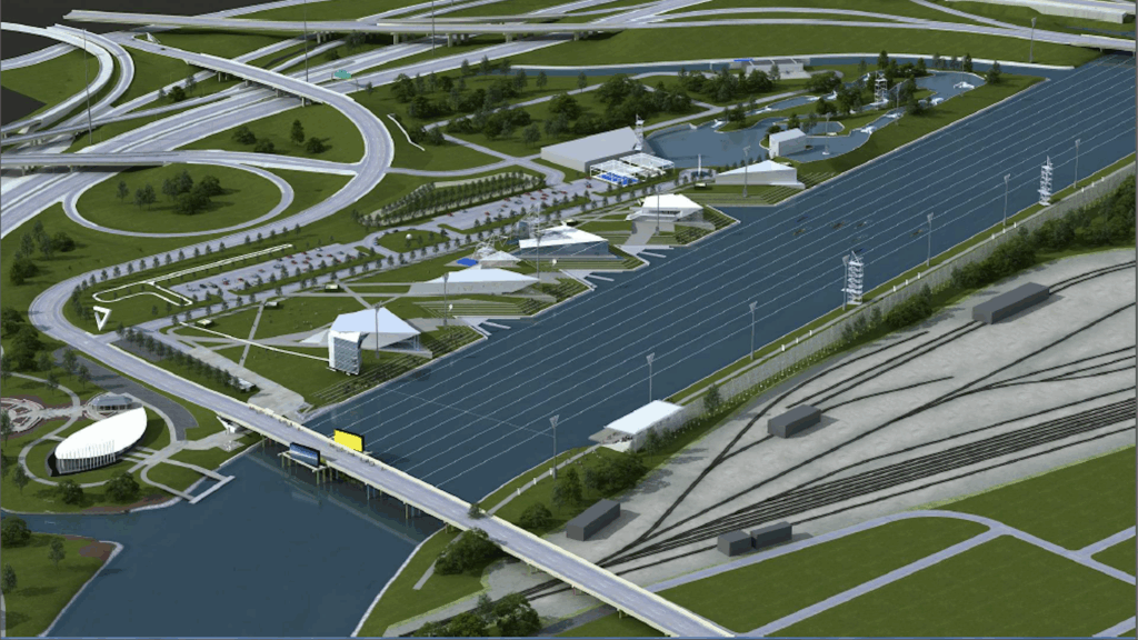 Architectural rendering of OKC Boathouse District architecture showing modern boathouse design by Rand Elliott Architects Oklahoma City along the riverfront.