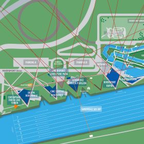 Illustrated map of OKC Boathouse District architecture highlighting modern boathouse design by Rand Elliott Architects Oklahoma City along the Oklahoma River.